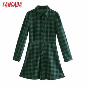 Spring Women Green Plaid Mönster Corduroy Tröja Vintage Långärmad Casual Ladies A-Line Dress 6p25 210416