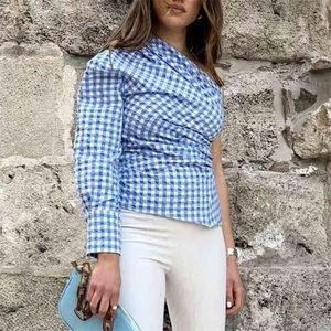 Women Summer Plaid Pleated Slim Blouses Shirts Tops Long Sleeve Asymmetry Female Fashion Street Top Tunic Blusas Clothes 210513