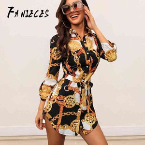 Women chain print Long Sleeve Lady Tops Loose Short Mini Shirt Dress Summer Beach Dresses streetwear drop 210520