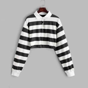 Mode Zebra Stripes Skriv ut Hoodies Kvinnor Höst Korta Sweatshirts Casual Turndown Neck Långärmad Pullovers Harajuku Hoodie