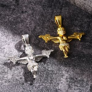 Fashion Charm New Hip Hop Prong Aaa Cubic Zirconia Bling Ice Out Battle Angel Cross Pendants Necklace for Men Rapper Jewelry Gold Party Gift Bijoux