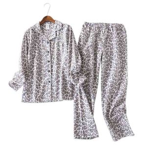 Vintage leopard pyjamas sätter kvinnor 100% borstat bomull vinter sleepwear kvinnor mode flanelette pyjamas för kvinnor 210831