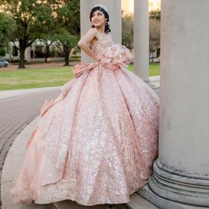 Blush Pink Quinceanera Dresses Ball Gown For Sweet 16 Dress Bow Sequins Graduation Party Princess Gowns Vestido De 15 Anos