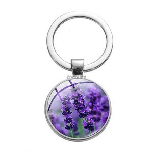 Purple Flower Lavender Glass Cabochon Rings Key Metal Picture Keychain Handbag para mulheres Jóias de moda Will e Sandy