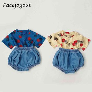 Yaz Yeni Bebek Giyim Seti Toddler Bebek Kız Karikatür Baskı T Gömlek Bebek Erkek PP Pantolon Denim Şort Giysi Setleri 210413