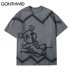 Hip Hop Streetwear Tshirts Graffiti Bear Print Punk Rock Gothic Tees Shirts Men Fashion Casual Cotton Short Sleeve Tops 210602