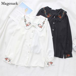 Vintage Nakış Çiçek Beyaz Bluz Kadın Bahar Ofis Lady Şifon Gömlek Fener Uzun Kollu Casual Gömlek Tops 13051 210512