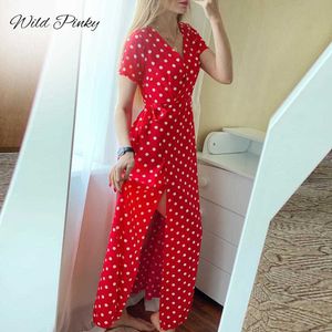 Wildy Boho Polka Dot Lång Klänningar Kvinnor Split Kortärmad Sommar Casual DR2021 StreetWear Svart Maxi DrVestidos X0529