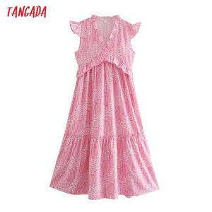 タンガダ夏の女性の花プリントピンクのローブドレスのフリル半袖レディースミディドレスvestidos 2w161 210609