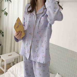 Mulheres Doce Soft Vintage Moda Primavera Suave Casual Alta Qualidade Coreano Priting Loose Nightwear Pijamas Sets 210525