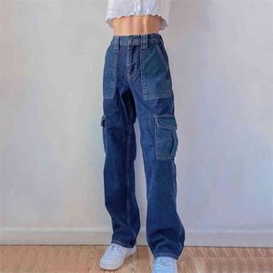 JMPRS Wysoka talia Kobiety Jeans Spring Preppy Style Kieszenie Baggy Dżinsowe Spodnie Casual Niebieski Patchwork Pocket Streetwear Spodnie 210809