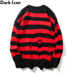 Destroy Striped Sweaters Men Hip Hop Sweater Round Neck Hipster Street Men's Sweater with Hole Streetwear Clothing 210603