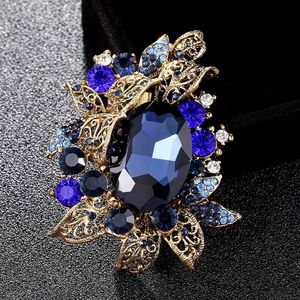 Szpilki, Broszki Antique Gold Vintage Kwiat Biżuteria Ślub Rhinestone Pin Brooch Broos Bridal Costume Collar Blue Broches Bijou