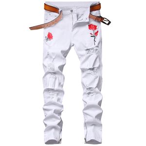 Jeans da uomo elasticizzati con fiore rosa ricamato Primavera Autunno Pantaloni in denim strappati bianchi e neri per pantaloni maschili Pour Hommes