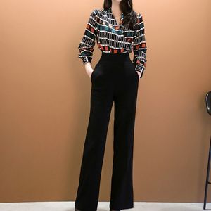 Jesień Damskie Garnitury Moda Drukowane Crossover V-Neck Koszula Blusas Top + Czarne Szerokie Nogi Pant Suit Formalne Kobiety 2 Zestaw 210514