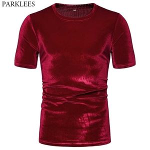 Kırmızı Kadife Flanel Tshirt Erkekler Marka Kısa Kollu Slim Fit Casual Streetwear T-shirt Erkek Hip Hop Swag Velor Tees Tops 210522