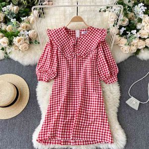 Koreanische Chic Rot Plaid Print Kurzes Kleid Frauen Sommer drehen-unten Kragen Puff Sleeve Casual Sommerkleid Vestidos Robe Femme 210603