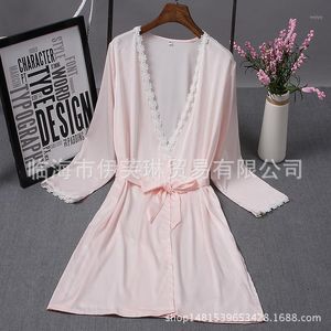 Mulheres Sleepwear FZSLCYIYI Mulheres Seda Robe Sexy Night Vestes Manga Longa Lace Roupa Vestido Noiva Principal Kimono Bathrobe