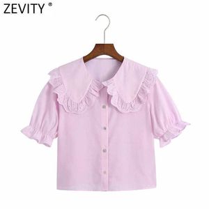 Zevity Women Sweet hollowアウト刺繍フリルピンクシャツ女性パフスリーブバックプリーツブラウスRoupasシッククロップトップLS9403 210603