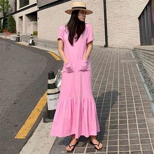 Summer Short Sleeve Pink Dress Women's Korean Version Ruffle Shirt Dresses Female Fashion 2D1667 210526