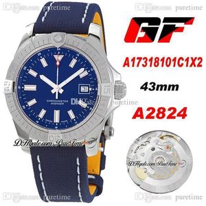 Gf a17318101c1x2 a2824 Automatisk mens klocka 43mm Blue Dial Stick Markörer Leather Nylon med vit linje Super Edition Eta Klockor Puretime A37D4