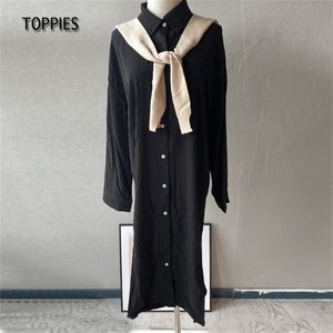 Camicia da ragazzo oversize ampia con sciarpa lavorata a maglia Moda donna coreana Hit Color Design 210421