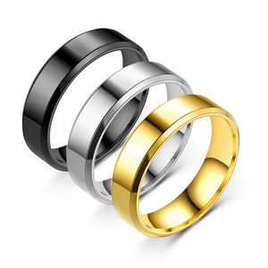 Atacado 100 peças de anéis de banda de aço inoxidável para mulheres 6 mm prata polida ouro banhado a preto anel masculino moda joias lotes por atacado alianças de casamento