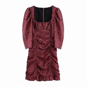 Elegant women pink leopard dresses fashion ladies square collar vintage female draped mini girls chic 210427