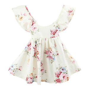 Venta al por mayor Verano Pascua Vestidos para niñas Estilo bohemio Sin respaldo Ruffle Floral Algodón Holiday Sundress Ropa para niños 1-6Y E7125 210610