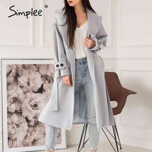Elegant ljusgrå höst vinter kvinnlig lång kontor damer ullblandning överrock kausalficka mode coat jacka 210414