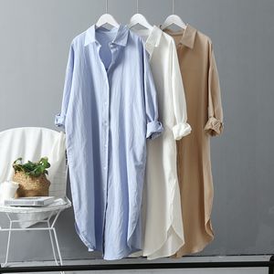 Mönster kvinna lång skjorta klänning bomull koreanska kläder vit boho strand stora maxi blå klänningar vår sommar överdimensionerad robe xxxl