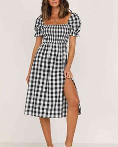 Spring Summer Women Plaid Printed Midi Dress Ladies Square Neck Puff Sleeve Slit Femmes Skinny Casual Dress Ladies Cloth 210415