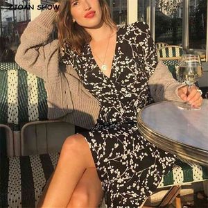 Summer French V neck Front Slit Floral Print Wrap Dress Holiday Woman Lace up Side buttons Waist Short Sleeve Midi Tea Dresses 210429