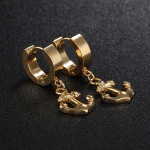 Silver/Gold/Black Color stud Stainless Steel Circle Dangle Unique Round Earring with Anchor Pendant men's Earrings Gift