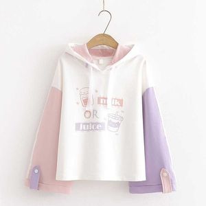 Harajuku Kawaii TeenGirl Hoodies Cute Cat Cartoon Women Sweetshirts Hoody Sweatshirt Mori Vintage Striped Fashion Sweet Clothes Y0820