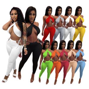 Mulheres Tracksuits Designer Roupas Slim Sexy Cor Sólida Sem Mangas Tops Calças Halter Casual Dois Peça Jogging Terno Outfits