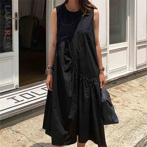 Rahat Midi Elbise Kolsuz Kore Gevşek Gösterisi İnce Düzensiz A-Line Mizaç Moda Yaz Kadın 210526