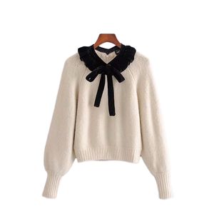 Eleganta kvinnor sammet båge tröja mode damer ruffles stickade pullover söt kvinnlig solid mjuka toppar chic tjej 210427