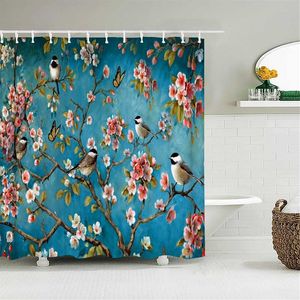 Chinese Birds Gradient Shower Curtains for Bathroom Landscape Plants Green Waterproof Fabric Polyester Bath Decor 180 x 180cm 211116