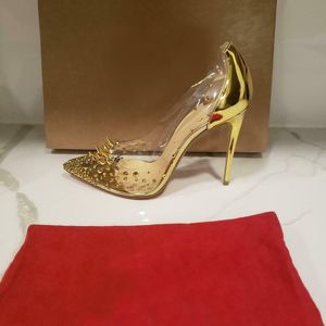 امرأة حذاء أزياء النساء أحذية رينستون مثير سيدة الذهب مسامير الذهب شفافة PVC نقطة اصبع القدم عالية الكعب الصنادل Stiletto stripper كعب 955