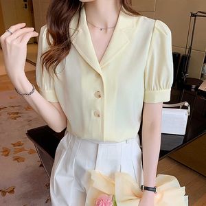 패션 여성의 옐로우 폴로 넥 짧은 소매 기본 210604를위한 여성 셔츠 솔리드 버튼
