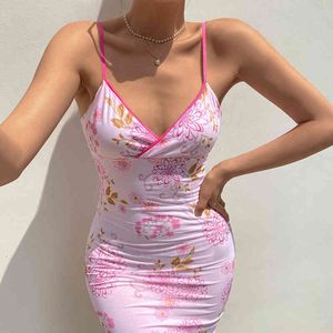 Pink Floral Printed Spaghetti Strap Mesh Patched Sheath Summer Dress Women Bodycon Backless Slim Ladies Short Sexy Dresses 210415