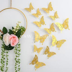 12 sztuk Dekoracyjne 3d Hollow Butterfly Wall Naklejki na Dekoracji Domu DIY Lodówka Dzieci Pokoje Party Wedding Decor
