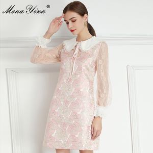 Moda Designer Sukienka Wiosna Damska Dress Zroszony Peter Pan Collar Koronki Długie Różowe Różowe żakardowe Różowe Suknie 210524