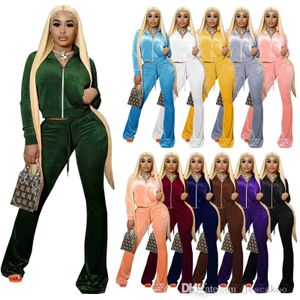 Designer Kvinnor Tracksuits 2 styck Byxor Outfits Solid Velvet Zipper Långärmad jacka + Bell Bottom Sportkläder Fall Winter XS-XXL