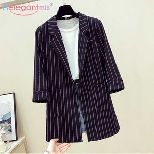 AelegantMis Wiosna Kobiety Casual Blazer Kurtka Paski Luźny Plus Rozmiar Biuro Lady Work Siatek Płaszcz Panie Business Blazers 210607