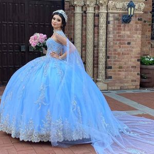 2022 Prinzessin Quinceanera Kleider mit Kappe Schal Champagner Applikation Perlen Kristall Ballkleider Puffy Sweet 16 Kleid Mädchen
