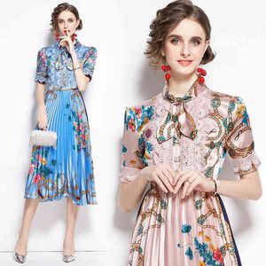 Runway Bow Tied Collar Short Sleeve Women Party Elegant Lace Trims Pleated Female Vintage Floral Print Midi Dress 210416