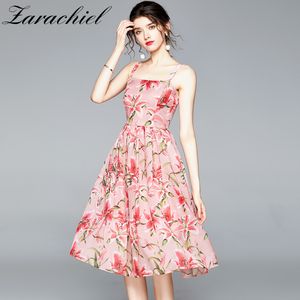 Summer Pink Lily Floral Print Women Beach Sleeveless Sweet Spaghetti Strap Sexy Female Draped Dress Vestidos 210416