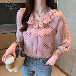 Kadın Bluzlar Sonbahar Tops Ofis Bayanlar Şifon Bluz Uzun Kollu Yay Zarif Blusas Mujer De Moda Kırmızı Tops 6179 50 210417